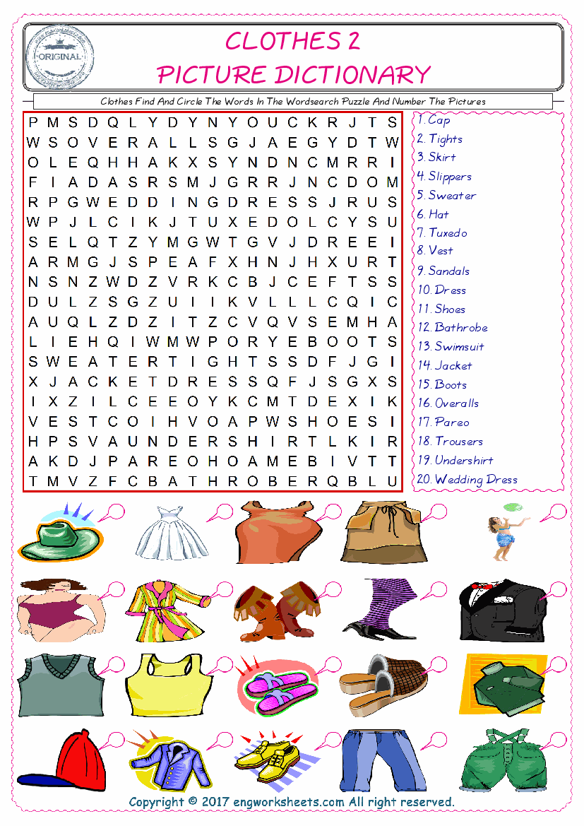  ESL wordsearch worksheets for kids, find Clothes words in the word wordsearch write its number on its picture English worksheet. 